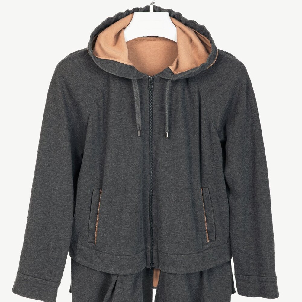 Brunello Cucinelli Grey Cotton-Jersey Monili Peplum Hoodie